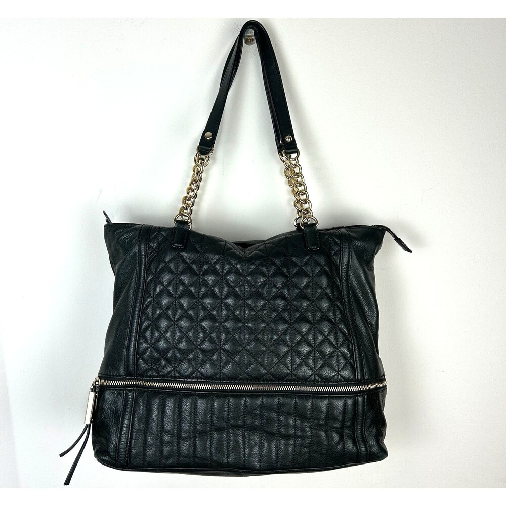 B Makowsky Quilted Black Leather Large Tote Purse Gold Chain Detail 16" X 13"